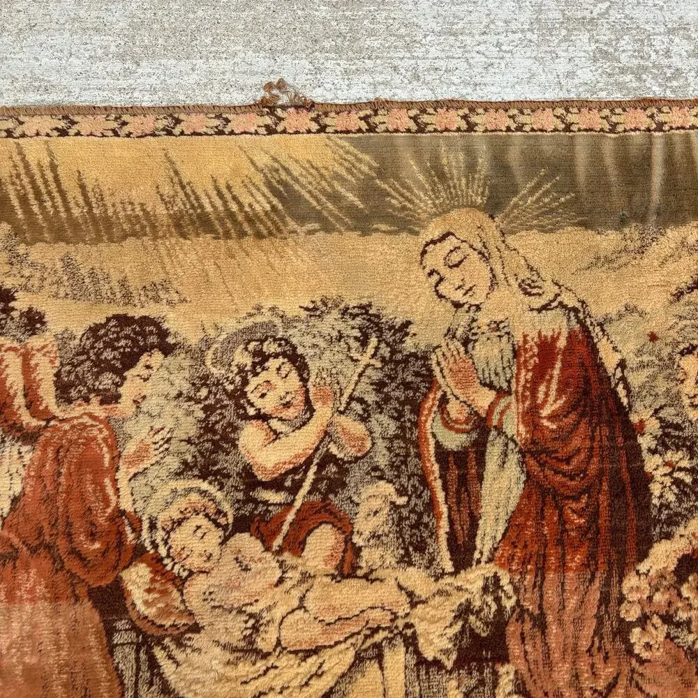 Vtg Italy Velvet Tapestry Wall Hanging Rug - Religious Christian Nativity Jesus